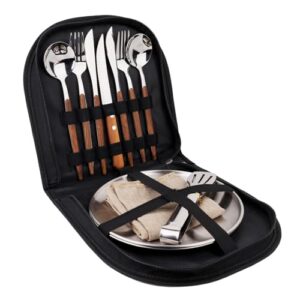 Camping-Geschirr-Set mit 12 Edelstahl-Essbesteckstücken, inklusive Tragtaschen und Holzgriffen, ideal für Picknicks und Outdoor-Abenteuer