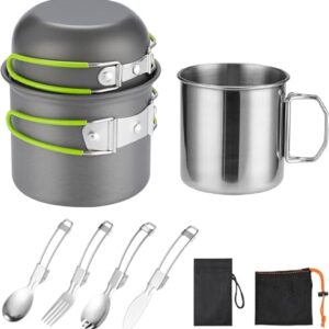 Camping Kochgeschirr Mess Kit für 1 Person, ISFORU Camping Antihaft-Kochset enthalten Rucksack Topf und Pfanne Set mit 304 Edelstahl Tasse und Utensilien Set für Reisen Trekking und Wandern