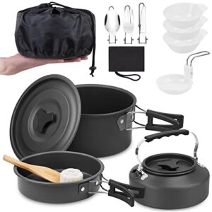 Camping-Kochgeschirr-Set mit 14-teiligen Aluminium-Geschirr, ideal für Outdoor-Kochen bei Bergcamping, Rucksackreisen und Picknicks.