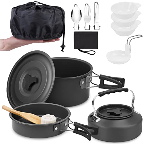 Camping-Kochgeschirr-Set mit 14-teiligen Aluminium-Geschirr, ideal für Outdoor-Kochen bei Bergcamping, Rucksackreisen und Picknicks.