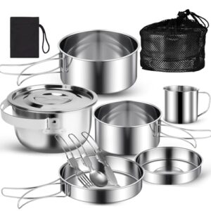 Camping Kochgeschirr Edelstahl Topfset, 10-teiliges Camping Kochgeschirr Set mit Camping Kochtopf Outdoor und Pfanne Set für Camping, Wandern und Picknick