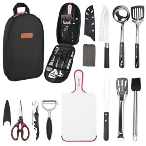 Camping Küchenhelfer Set, ISFORU 12PCS Camping Kochgeschirr Küchengerät Set mit Santokumesser Küchenscher Pfannenwender Zange Schöpflöffel Schneidbretter Idee für Picknick Reisen Wandern