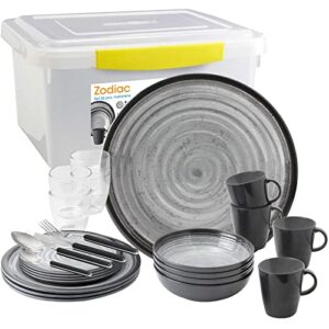 Camping Melamin-Geschirr Set 36-teilig, unzerbrechlich für Wohnmobil, Wohnwagen, Bulli & Camper, spülmaschinenfest und kompakt, retro boho Design