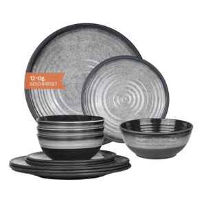 Camping Tafelgeschirr Set aus Melamin für 4 Personen, 12-teilig, spülmaschinenfest, Picknick Geschirrset, Campinggeschirr in Stone Grey Design