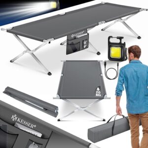 Ein Campingbett mit Tragtasche und Campinglicht, ideal für Freizeit-Abenteuer. Stabiles Feldbett aus Metallrohr mit weichem Oxford-Gewebe. Anthrazit Farbe.