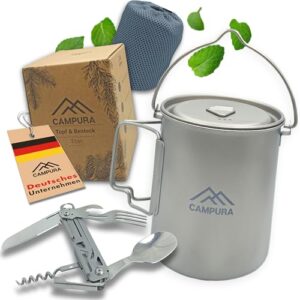 Titan Topf Outdoor inkl. 5-in-1 Edelstahl Klappbesteck - Ultraleicht 146g für Trekking & Bushcraft - 750ml, faltbar - Camping Geschirr Titanium Survival Topf
