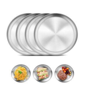 Vier Edelstahl-Runde Teller mit 20 cm Durchmesser, ideal für das Servieren von Mahlzeiten im Alltag oder bei besonderen Anlässen, hochwertiger Edelstahl, leicht zu reinigen und wiederverwendbar