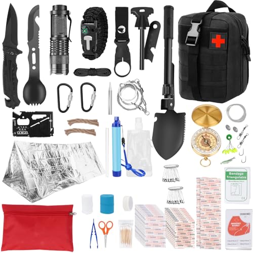 Multifunktionales Ausrüstungsset mit Werkzeugen für Outdoor-Aktivitäten wie Camping, Bushcraft und Wandern. Ideal für Überlebenssituationen.