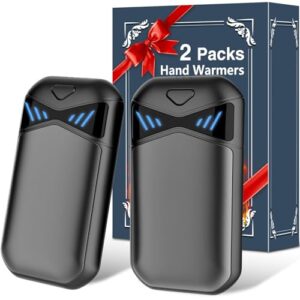 Zwei Handwärmer in einem schwarzen Boxen, mit magnetischer Verbindung, 3 Heizstufen bis 55°C, ideal für Freunde und Familie, Kompakte Abmessungen (9,3 x 4,9 x 2 cm) und Leichtgewicht von nur 80 g.