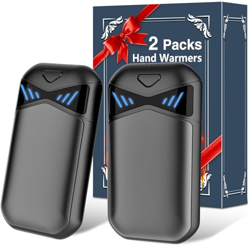 Zwei Handwärmer in einem schwarzen Boxen, mit magnetischer Verbindung, 3 Heizstufen bis 55°C, ideal für Freunde und Familie, Kompakte Abmessungen (9,3 x 4,9 x 2 cm) und Leichtgewicht von nur 80 g.