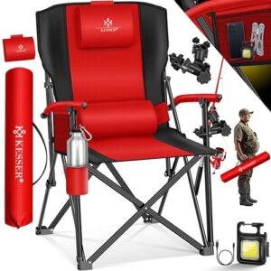 Campingstuhl, faltbar bis 160 kg, Angelstuhl Faltstuhl Klappstuhl Gepolstert mit Armlehnen, Campinglicht und Getränkehalter + Tasche mit hoher Rückenlehne, Strandstuhl mit Angelhalterung