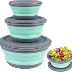 Drei faltbare Silikon Schüsseln mit Deckel in verschiedenen Größen (300 ml, 600 ml und 900 ml) für Camping, Küche oder Outdoor-Aktivitäten