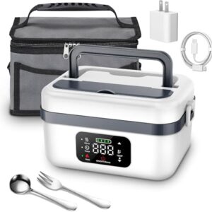 Elektrische Lunchbox mit 16.000 mAh Akku, tragbar und heiß, perfekt für unterwegs, inklusive Isoliertasche, Gabel & Löffel und herausnehmbarer Trennplatte, Weiß