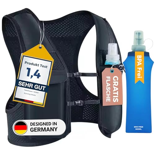 Laufweste für Damen und Herren, Rucksack zum Joggen, Wandern & Walken, verstellbare Brustgurte, Trinkweste Laufen, 500ml Wasserflasche, Reflektierender Trinkrucksack Handyhalterung