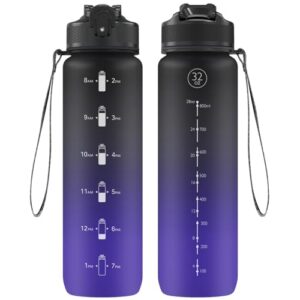 Trinkflasche 1 Liter Sport Wasserflasche mit Strohhalm Zeitmarkierungen auslaufsicher BPA frei für Schule Radfahren Laufen