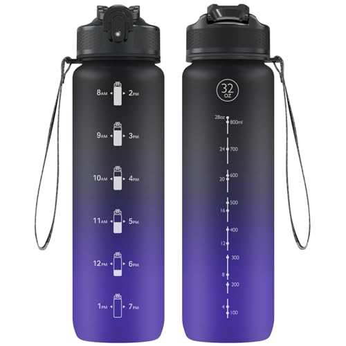 Trinkflasche 1 Liter Sport Wasserflasche mit Strohhalm Zeitmarkierungen auslaufsicher BPA frei für Schule Radfahren Laufen