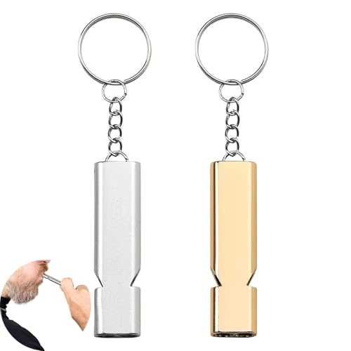 Notfallpfeife mit zwei Schlüsselringen, eines in Gold und eines in Silber, für Schule, Gymnastik, Camping, Wandern, Jagen oder Klettern.