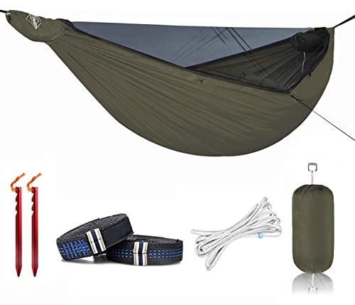 Camping Hammock mit Moskitonetz, doppelte Hängematte, 40D Ripstop Nylon, Reißverschluss, Bugnet, Ridgeline und Baumstrang für Camping, Wandern und Backpacking