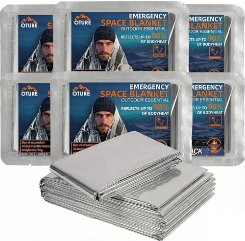 Notfall Thermodecke, 6er-Pack, 210 x 160 cm, Reflektiert 90% Körperwärme, Ultraleicht 56g, Für Outdoor, Wandern, Camping