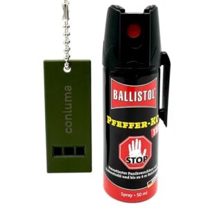 Pfefferspray mit Panikverschluss 50ml, KO-Spray und Tierabwehrspray für Selbstverteidigung mit 4m Reichweite, Sicherheits-Set inklusive Signalpfeife