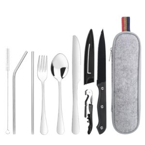 Camping Besteck, 9-teilig, Edelstahl, mit Bestecktasche, Reisebesteck, Camping Cutlery Set, silberne Farbe