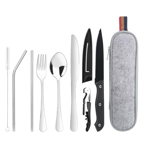 Camping Besteck, 9-teilig, Edelstahl, mit Bestecktasche, Reisebesteck, Camping Cutlery Set, silberne Farbe