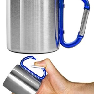 Robuste Camping-Tasse mit Karabiner-Griff, Edelstahl, 250 ml (silber/blau)
