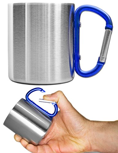 Robuste Camping-Tasse mit Karabiner-Griff, Edelstahl, 250 ml (silber/blau)
