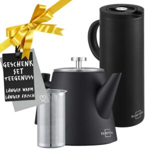 Zwei Edelstahl-Tee-Kannen mit Isolierkappe, ideal für Getränke während der Winterzeit.
