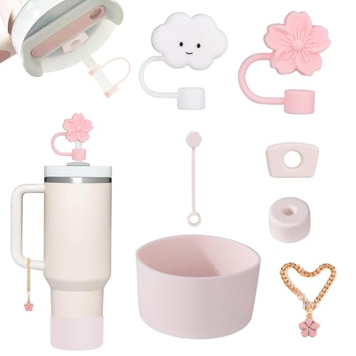 Stanley Cup Zubehör Set für Stanley Quencher 1.2L/0.89L, enthält 3 Strohhalm Abdeckung Verschluss, 2 Auslaufschutz Dichtung, 1 Anhänger und 1 Tassenstiefel, staubdicht, auslaufsicher und kratzfest