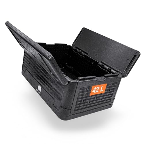 Thermobox groß faltbar schwarz zum Warmhalten und Kühlen - 42 L - Essen Warmhaltebox klappbar 60 x 41 cm - Styropor Klappbox Kühlbox Isolierbox für Speisen Getränke mit isolierendem Deckel