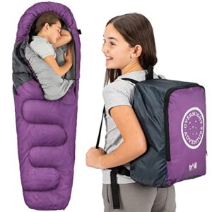 Kinder schlafen warm im Trail Schlafsack Kinder Mumienschlafsack, ideal für Camping mit Leichtem Transportrucksack in Lila Farbe