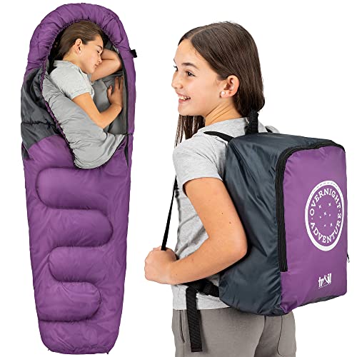 Kinder schlafen warm im Trail Schlafsack Kinder Mumienschlafsack, ideal für Camping mit Leichtem Transportrucksack in Lila Farbe