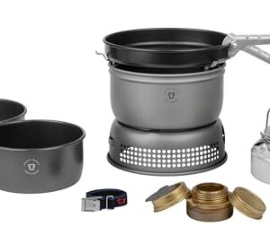Tragia Ultralight Alu Hardanodized Sturmkocher Set mit Brenner, 2 Töpfen und Bratpfanne - ideal für Zelt- und Camping-Ausflüge - Aluminium - Spiritusbrenner