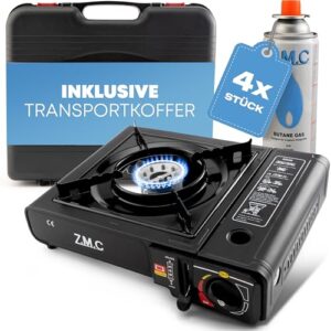 Campingkocher 2,2 kW mit Piezo-Zündung und Adapter für LPG, inkl. Aufbewahrungskoffer und 4 Gaskartuschen 227g für Outdoor und Innenraum