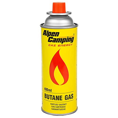 Alpen Camping Butan Gaskartusche Gasflasche für Gaskocher, Campingkocher, Bunsenbrenner und Lötbrenner mit 400ml Butangas