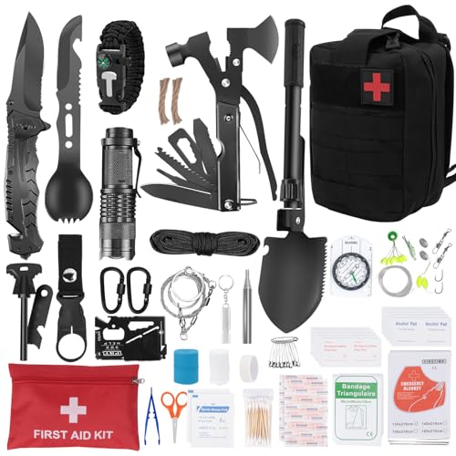 Außen Notfall Survival Kit mit Erste Hilfe Set, 71PCS Survival Ausrüstung für Männer Camping Abenteuer Wandern im Freien, inkl. Multi-Tool Axt Klappspaten Rettungsdecke Kompass Geschenk für Männer