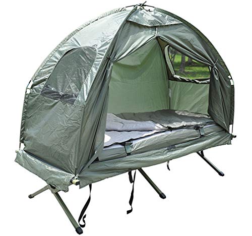 Feldbett mit Zelt, Schlafsack und Luftmatratze für Camping und Outdoor-Abenteuer - Komfortables und bequemes Schlafen in der Natur