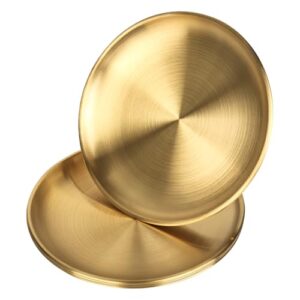 Bild von goldenen Edelstahl Tellern mit 5 Stück, ideal für Barbecue, Kuchenform und Tablett, geeignet für Camping, Picknick, Wandern und Küche.