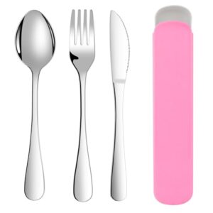 Camping Besteck mit Etui, 3 Stück Edelstahl Reisebesteck Set, mit Löffel, Messer und Gabel, für Unterwegs, Reise, Arbeit, Schule, Spülmaschinenfest