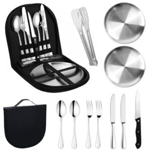 Camping-Geschirr-Set 2 Personen, 12-teilig, Picknick Set, Edelstahl Outdoor Geschirr Tragbar, Campingbesteck Besteckset für Outdoor Aktivitäten