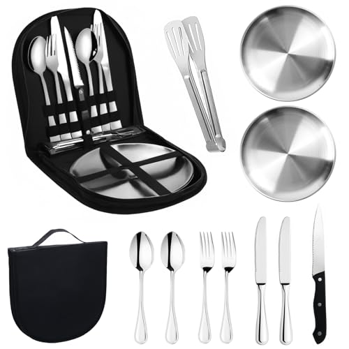 Camping-Geschirr-Set 2 Personen, 12-teilig, Picknick Set, Edelstahl Outdoor Geschirr Tragbar, Campingbesteck Besteckset für Outdoor Aktivitäten