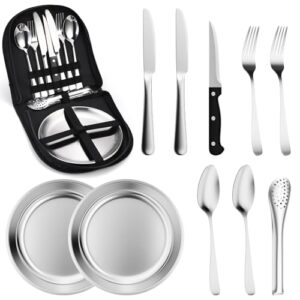 Campinggeschirr Set für 2 Personen, Tragbares Edelstahlbesteck mit Tasche für Outdoor-Aktivitäten