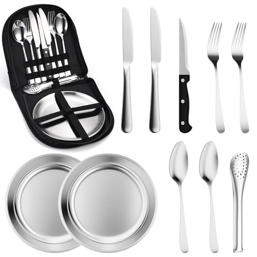 Campinggeschirr Set für 2 Personen, Tragbares Edelstahlbesteck mit Tasche für Outdoor-Aktivitäten