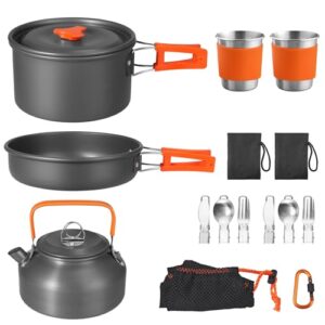 Camping-Geschirr-Set, 17-teiliges Camping-Kochgeschirr-Aluminium-Campingkocher-Töpfe-Becher-Faltbares-Besteck für 2 Personen Outdoor-Picknick-Wandern