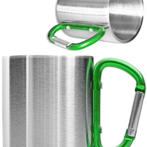 Robuste Camping-Tasse mit Karabiner-Griff aus Edelstahl in Silber und Grün für Outdoor-Aktivitäten