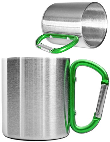 Robuste Camping-Tasse mit Karabiner-Griff aus Edelstahl in Silber und Grün für Outdoor-Aktivitäten