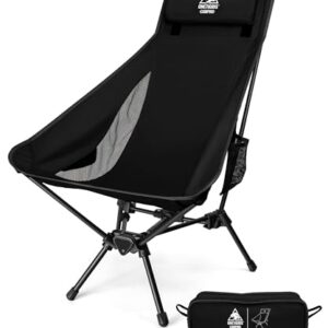 Ein hochlehnender Campingstuhl mit robustem Dreiecksrahmen und Tragfähigkeit von bis zu 170 kg. Der Stuhl ist leicht zu montieren und demontieren und bietet bequeme Rücken- und Nackenstützen sowie abnehmbare Kopfstützen.
