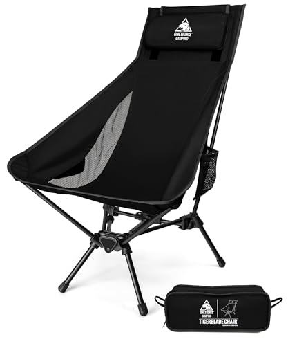 Ein hochlehnender Campingstuhl mit robustem Dreiecksrahmen und Tragfähigkeit von bis zu 170 kg. Der Stuhl ist leicht zu montieren und demontieren und bietet bequeme Rücken- und Nackenstützen sowie abnehmbare Kopfstützen.