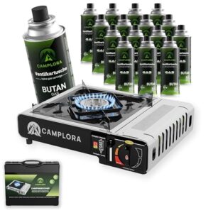CAMPLORA Gaskocher + 16 Gaskartuschen + Tragekoffer mit Piezozündung - Campingkocher 2,2 kW - inkl. Sicherheitsabschaltung - Gaskocher Camping, Camping Kocher 1 flammig MSF-1a